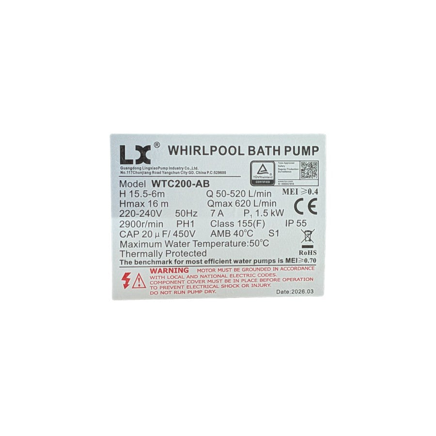 LX WTC200-AB Pump - 2HP 1Speed 50Hz 2.5m x 2.5m for Blue Whale/Storm Force 9 (WTC200-AB)