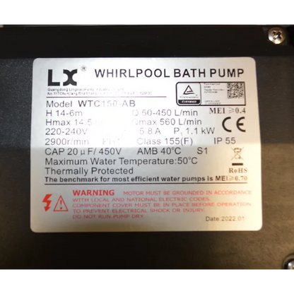LX WTC150M Spa Pump - 1.5HP - 1 Speed